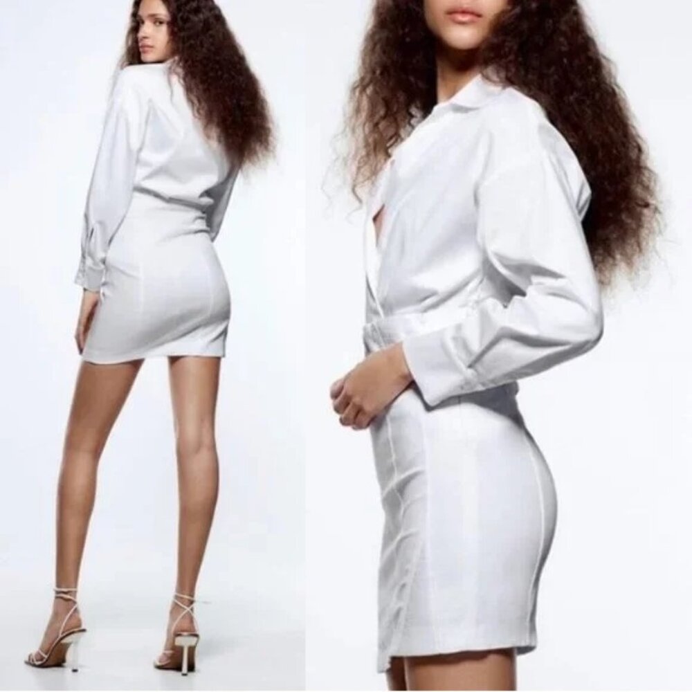 Zara Structured Poplin Collared Long Sleeve Mini Shirt Dress White